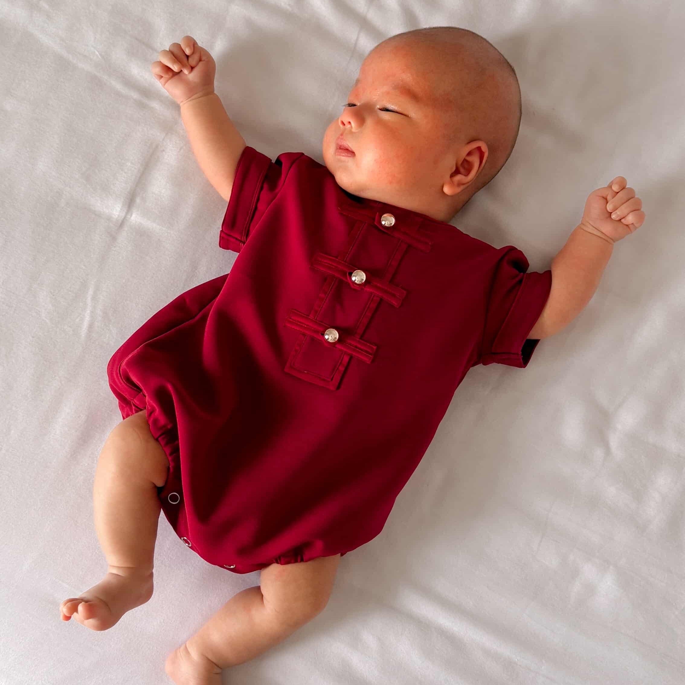 Tulips Qipao Boy Romper – Maroon Red Cotton Blend Baby Romper