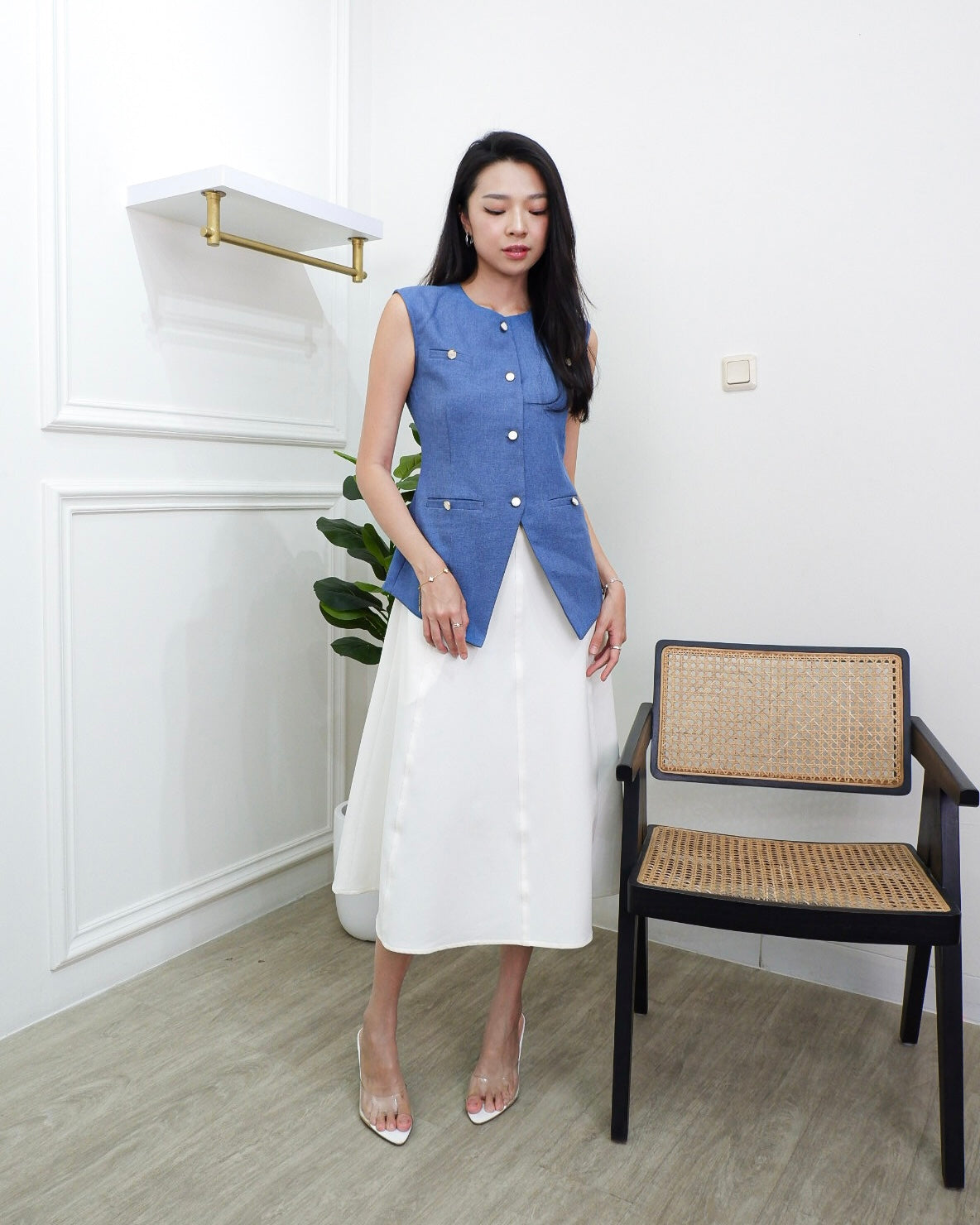 Mariam Blue Vest – Semi-Wool Tailored Vest with Pearl Button Details