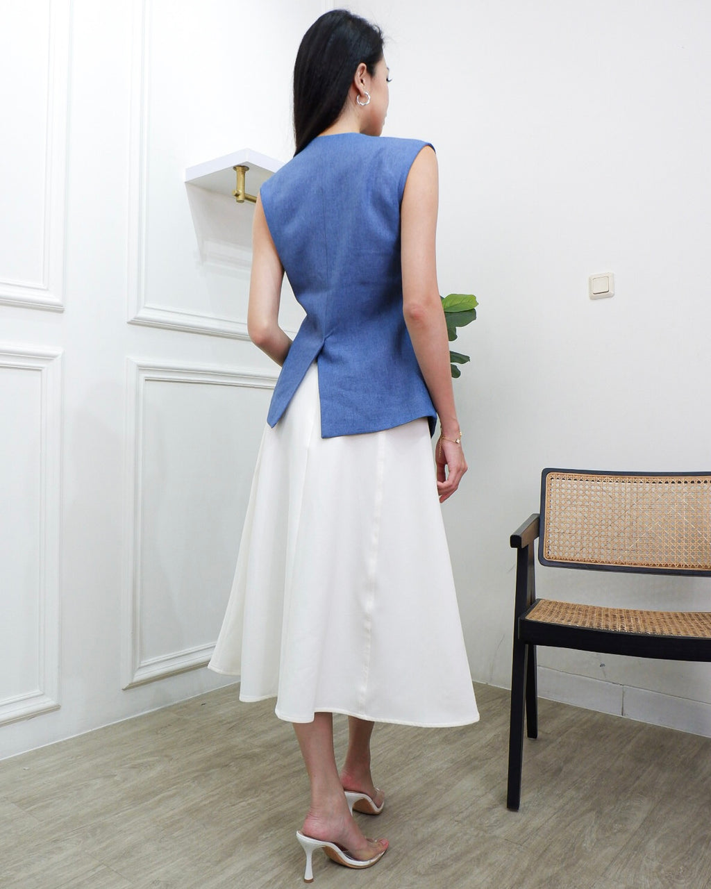 Mariam Blue Vest – Semi-Wool Tailored Vest with Pearl Button Details
