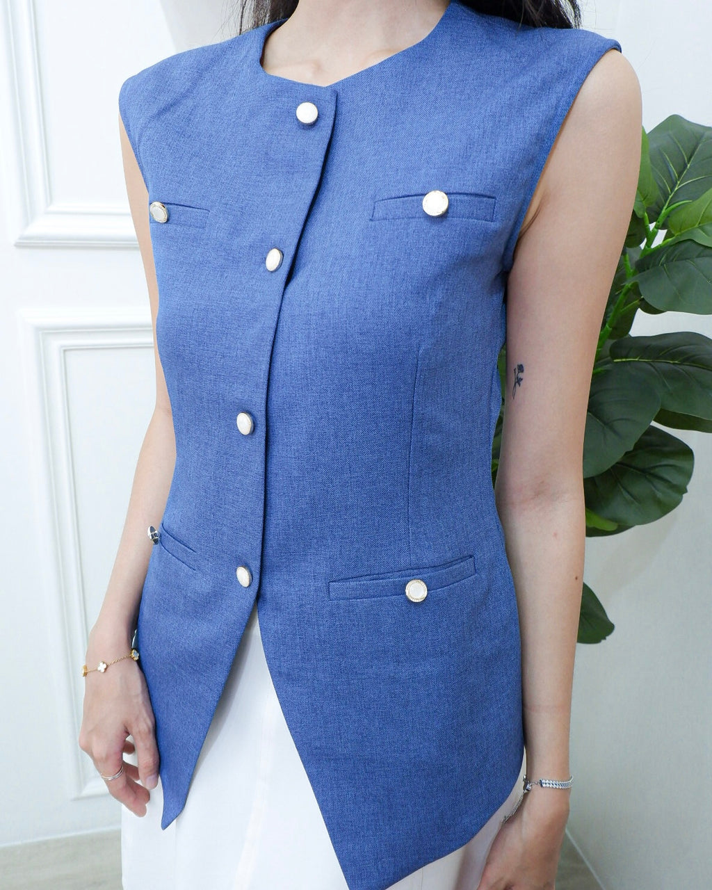 Mariam Blue Vest – Semi-Wool Tailored Vest with Pearl Button Details