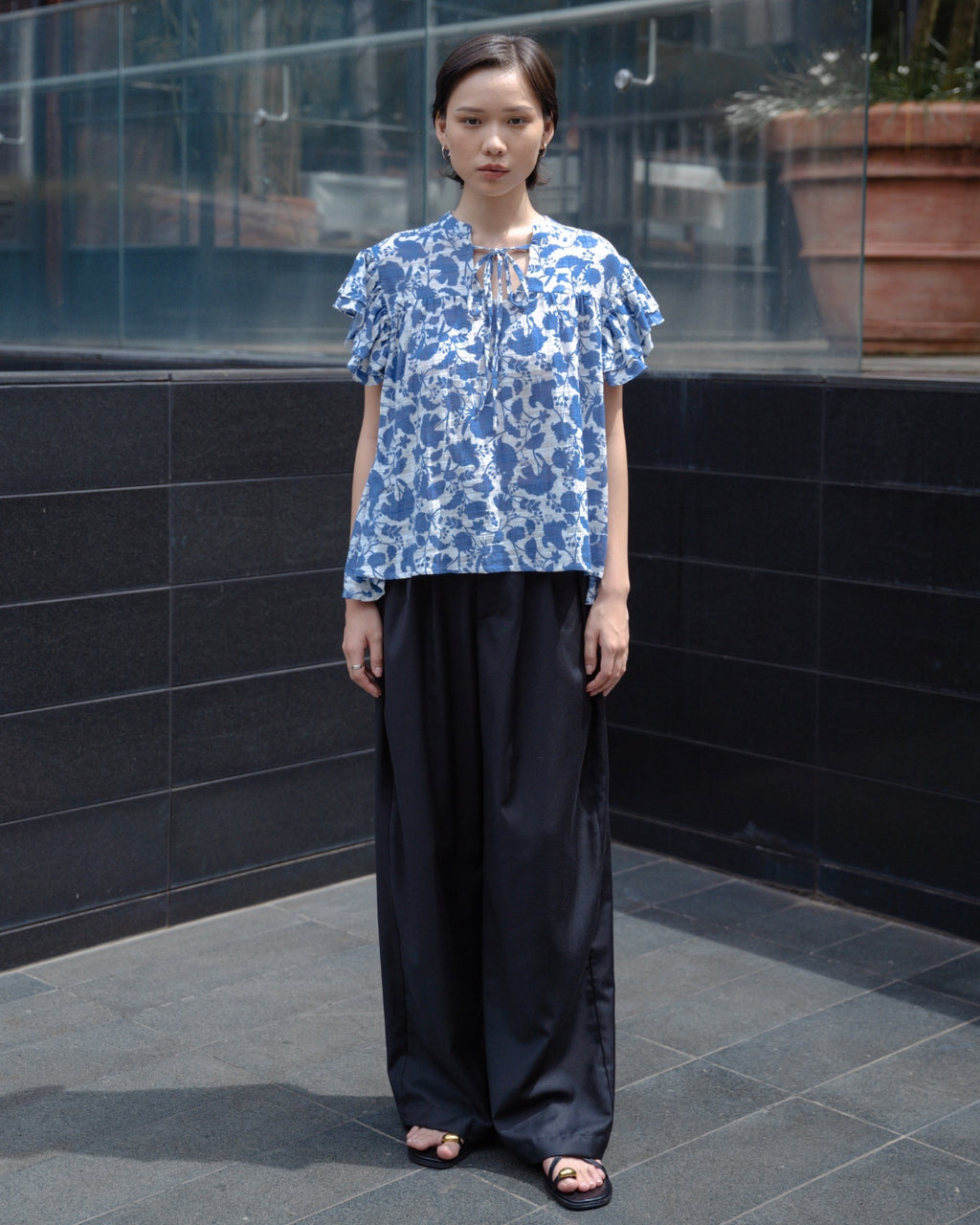 Angelica Ruffle Sleeve Blouse – Blue Floral Textured Cotton with V-Neck