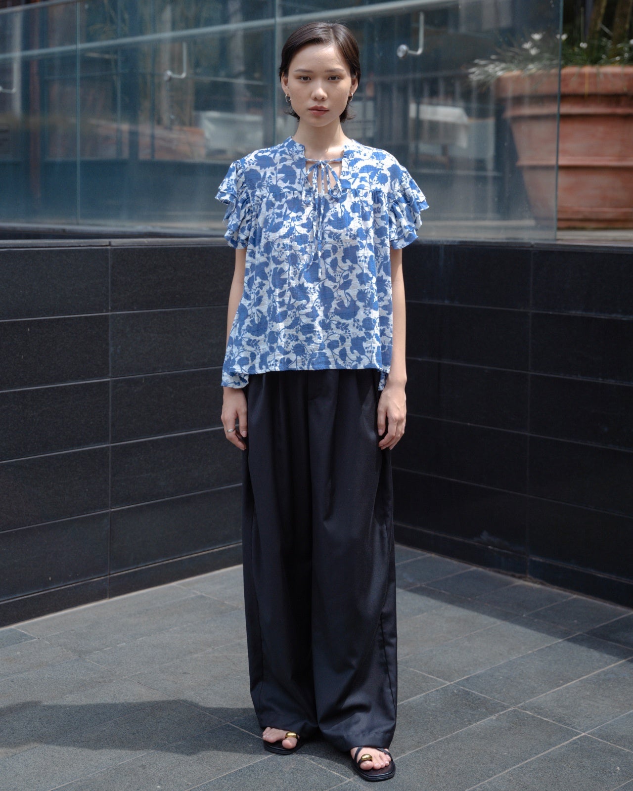 Angelica Ruffle Sleeve Blouse – Blue Floral Textured Cotton with V-Neck