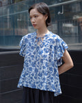 Angelica Ruffle Sleeve Blouse – Blue Floral Textured Cotton with V-Neck
