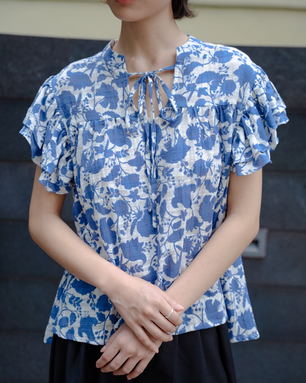 Angelica Ruffle Sleeve Blouse – Blue Floral Textured Cotton with V-Neck