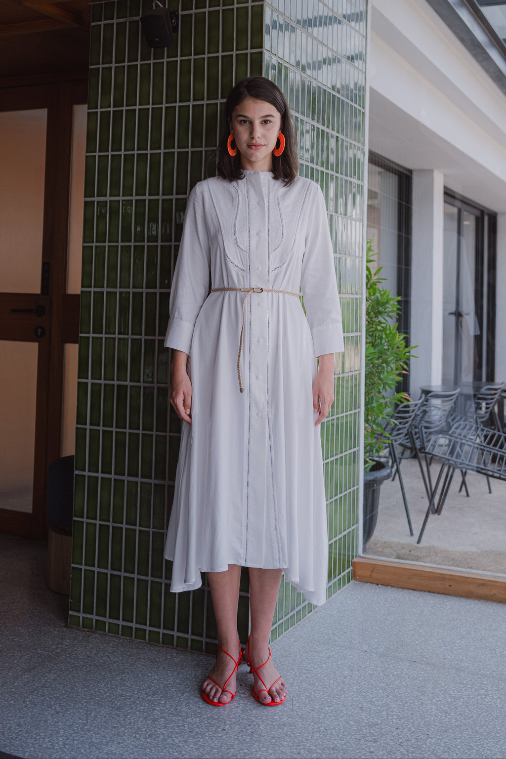 Lela Lace Trim Midi Dress – White Twill Rayon Long Sleeve Dress