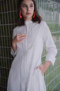 Lela Lace Trim Midi Dress – White Twill Rayon Long Sleeve Dress