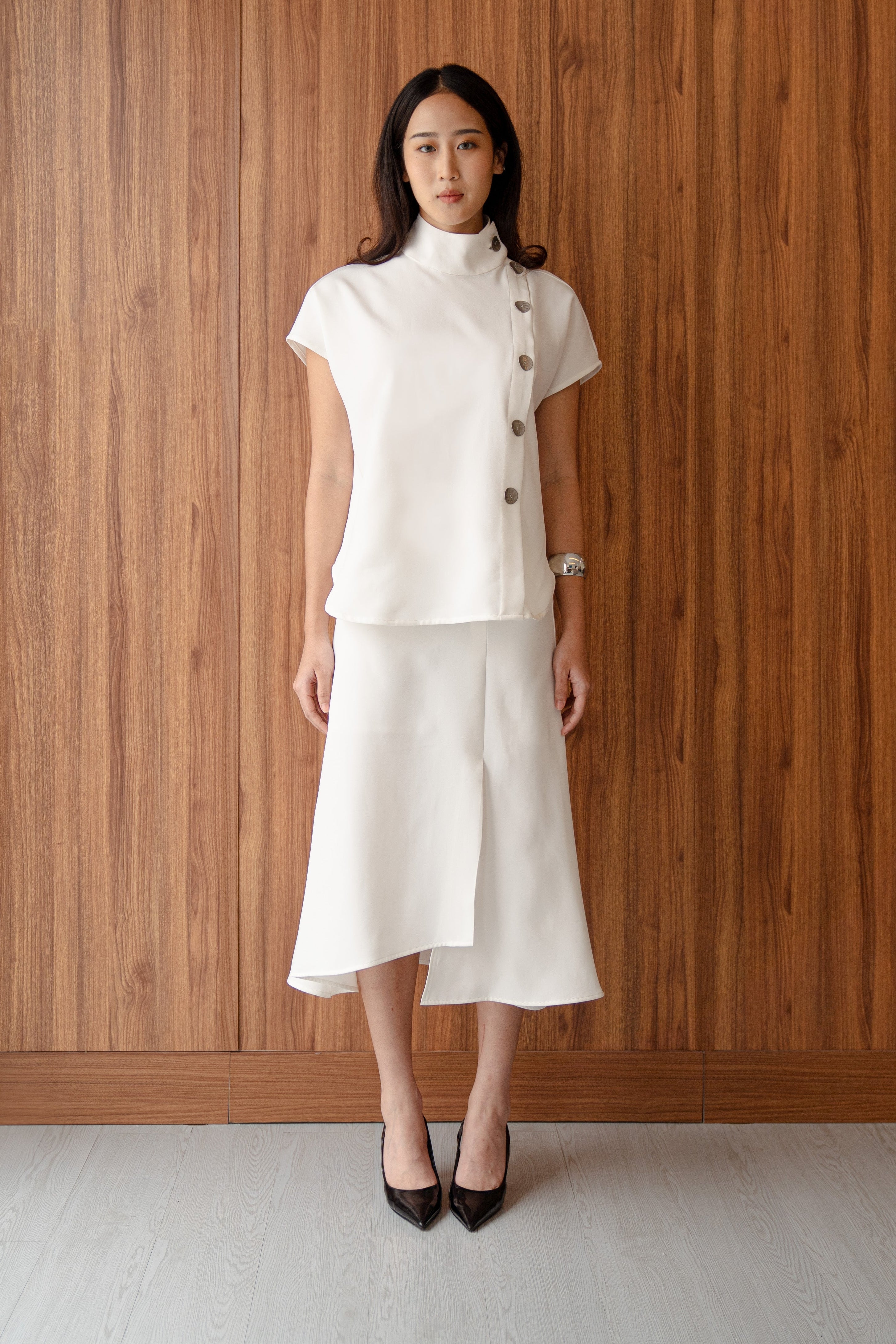 Bianca White Flared Skirt – Asymmetrical Midi Skirt in Stretch Fine Twill