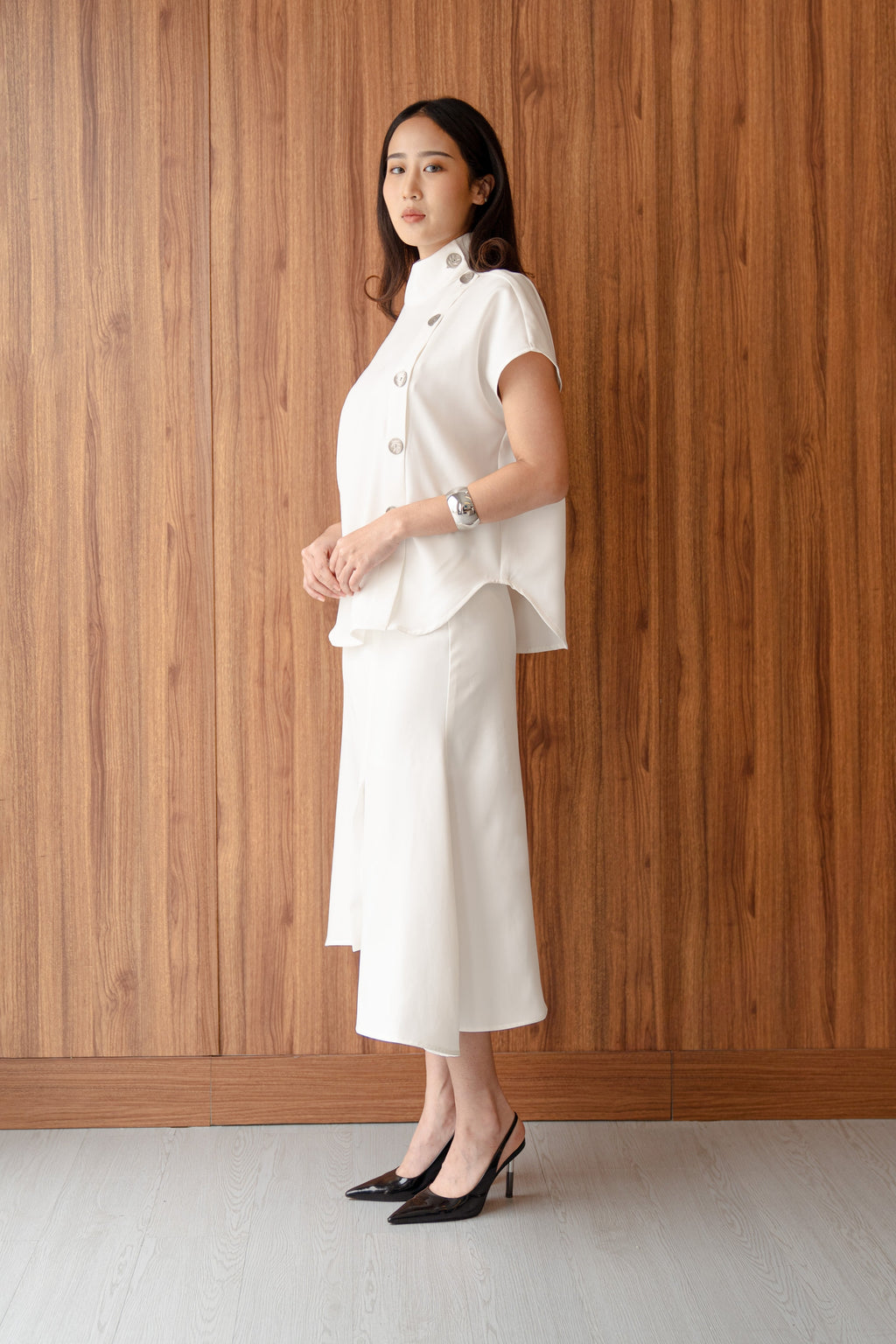 Bianca White Flared Skirt – Asymmetrical Midi Skirt in Stretch Fine Twill