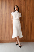 Bianca White Flared Skirt – Asymmetrical Midi Skirt in Stretch Fine Twill