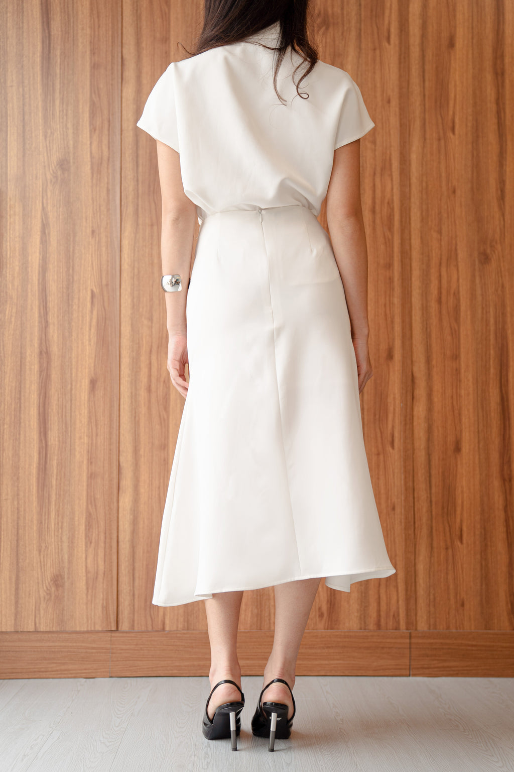 Bianca White Flared Skirt – Asymmetrical Midi Skirt in Stretch Fine Twill