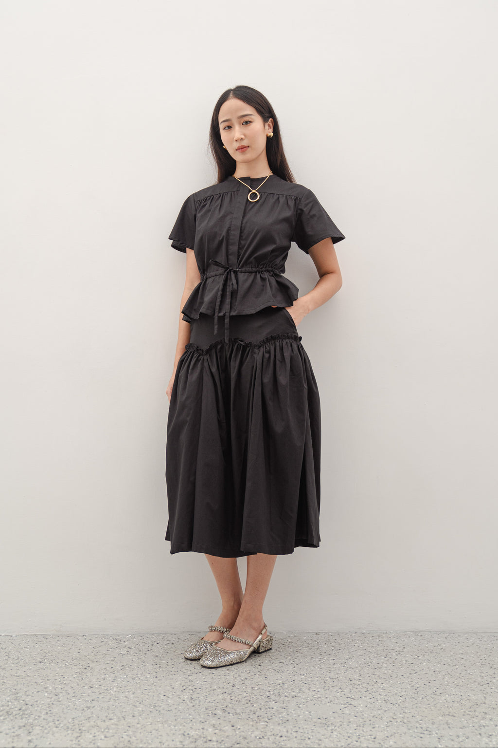 Luola Black Set – Cotton Lyosell Top and Midi Skirt Set