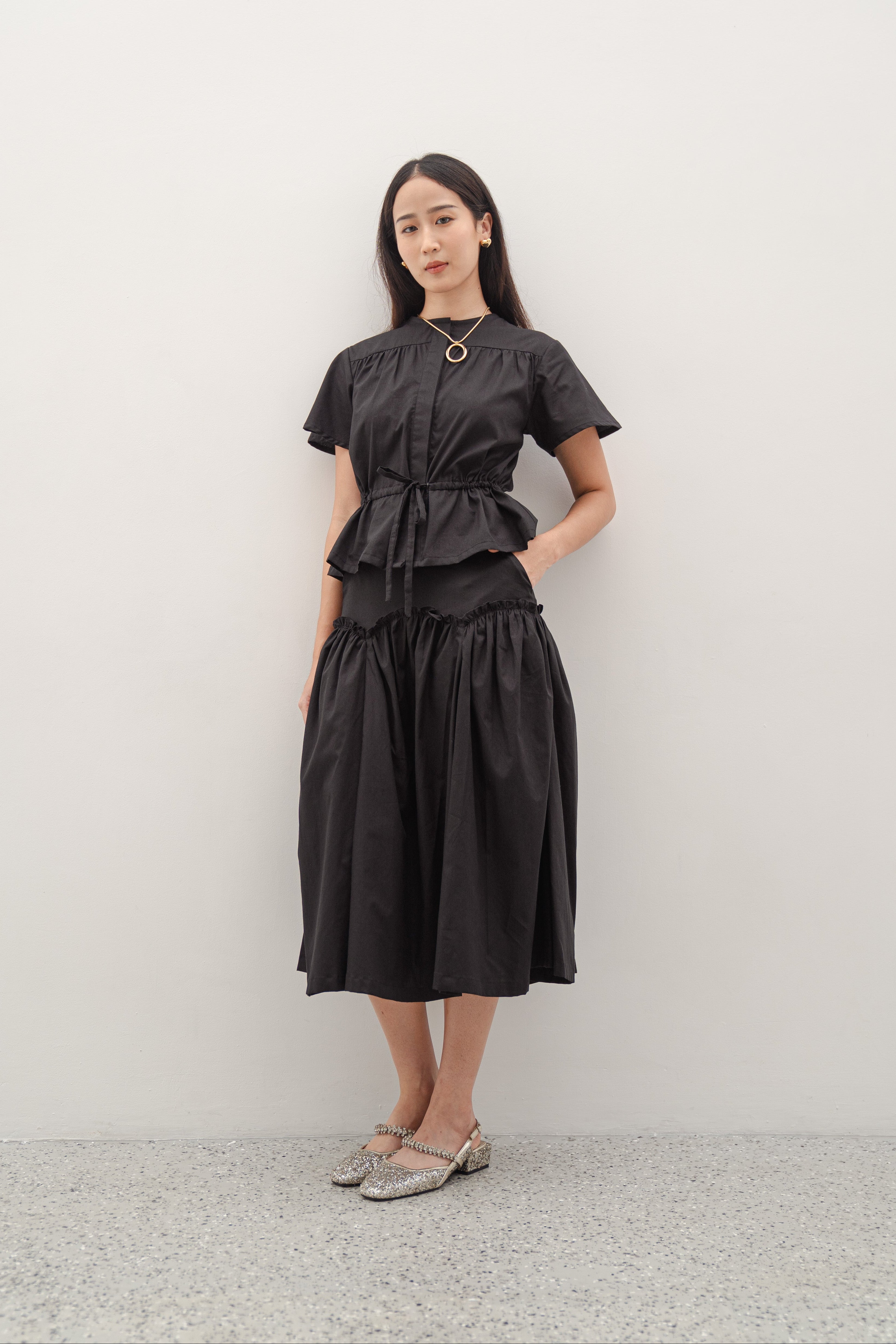 Luola Black Set – Cotton Lyosell Top and Midi Skirt Set