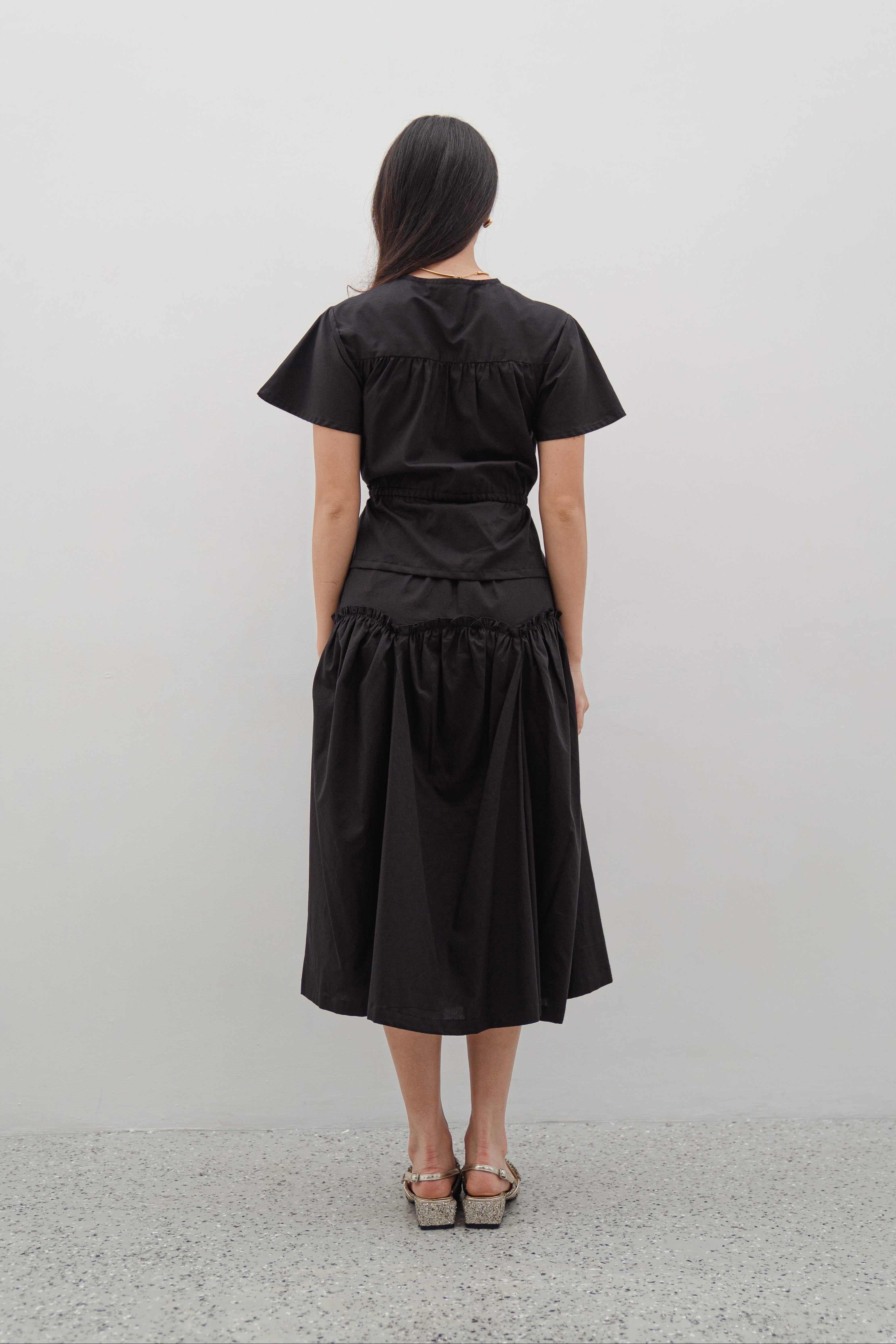 Luola Black Set – Cotton Lyosell Top and Midi Skirt Set