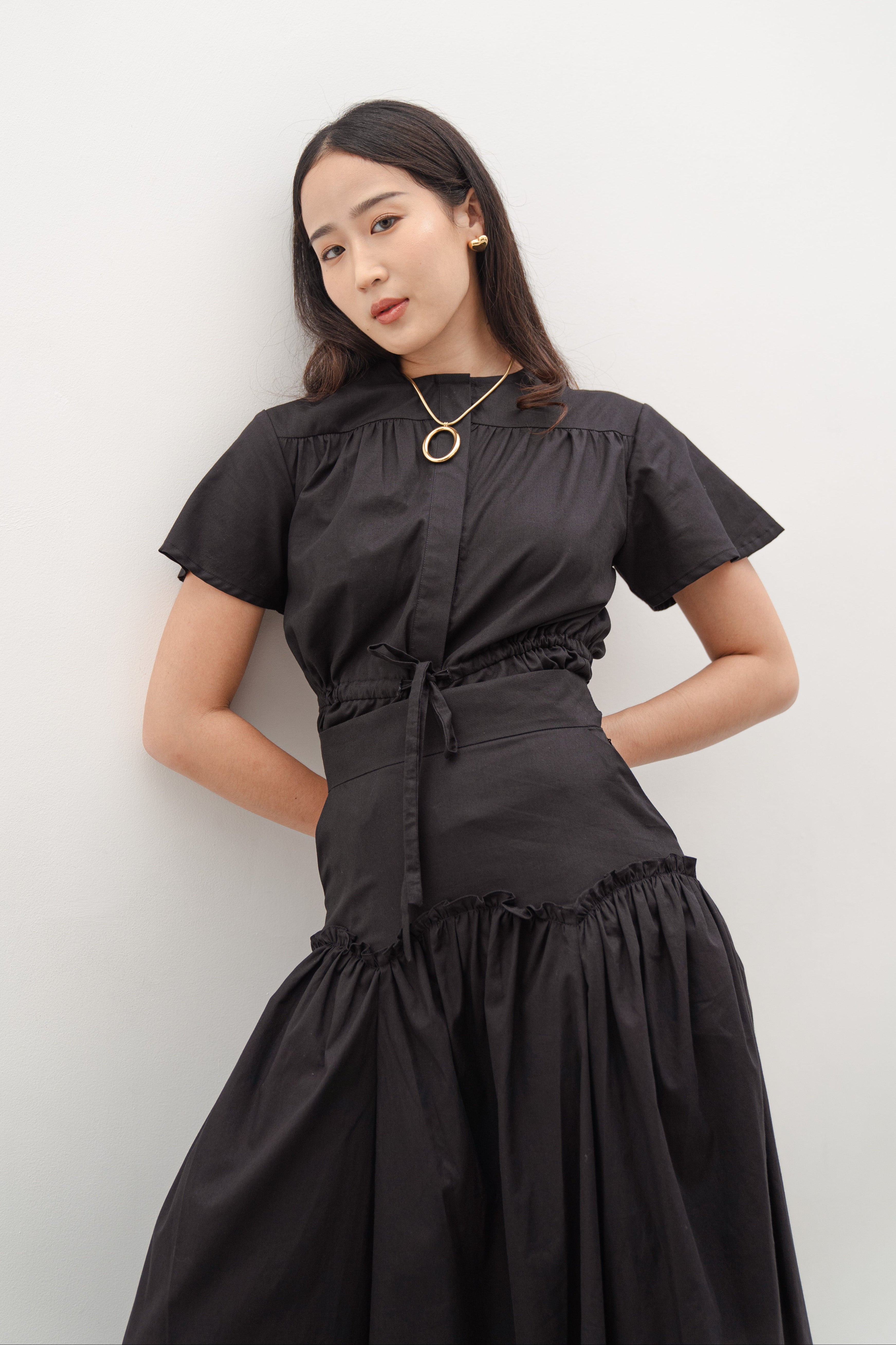 Luola Black Set – Cotton Lyosell Top and Midi Skirt Set