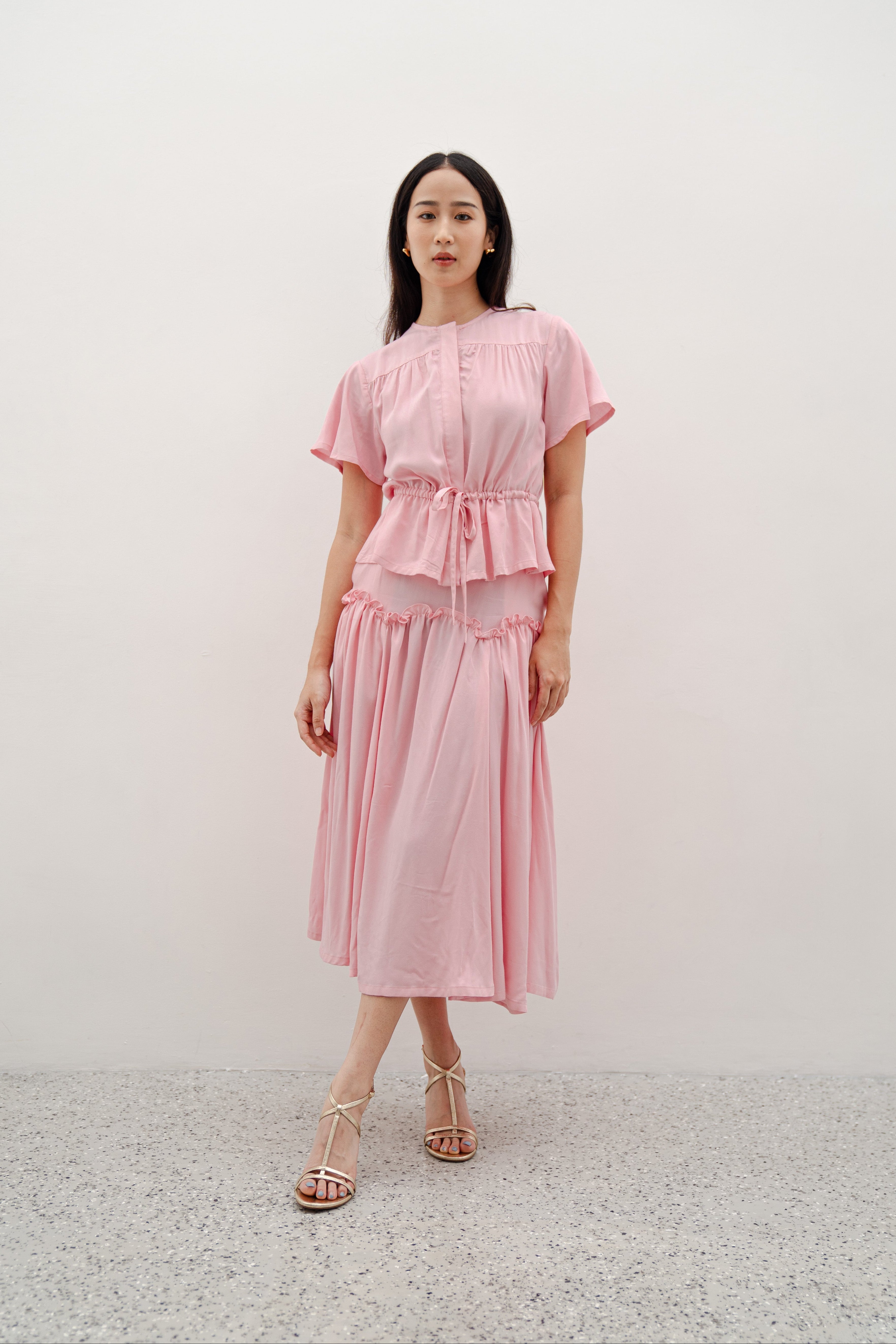 Luola Pink Set – Flowy Two-Piece Top and Midi Skirt in Polyester Cotton Rayon