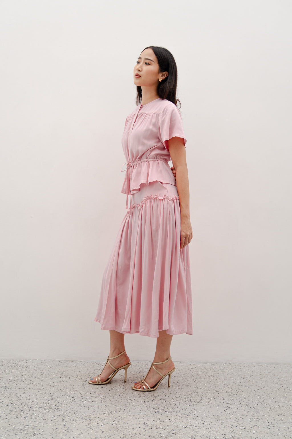 Luola Pink Set – Flowy Two-Piece Top and Midi Skirt in Polyester Cotton Rayon
