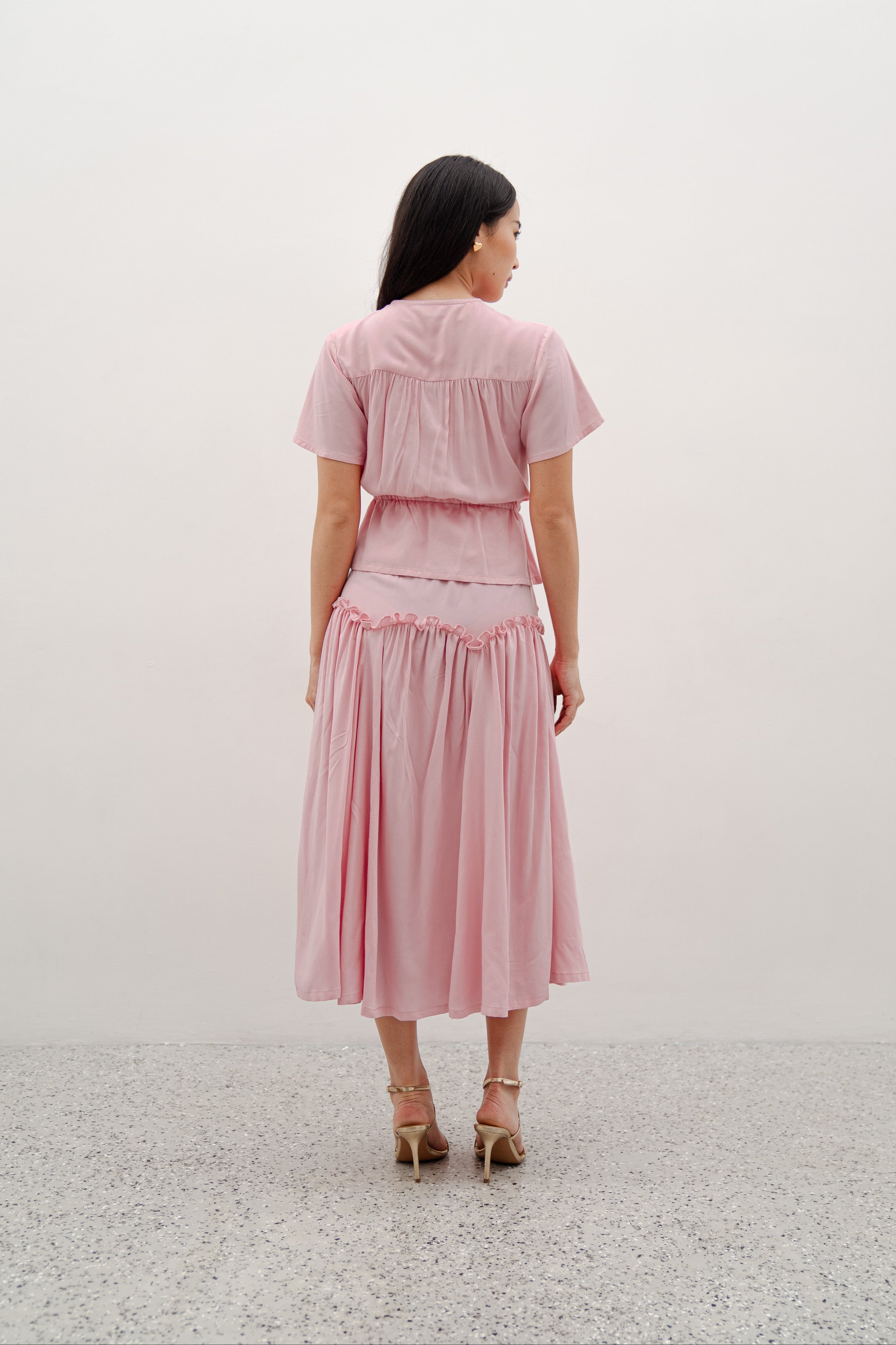 Luola Pink Set – Flowy Two-Piece Top and Midi Skirt in Polyester Cotton Rayon