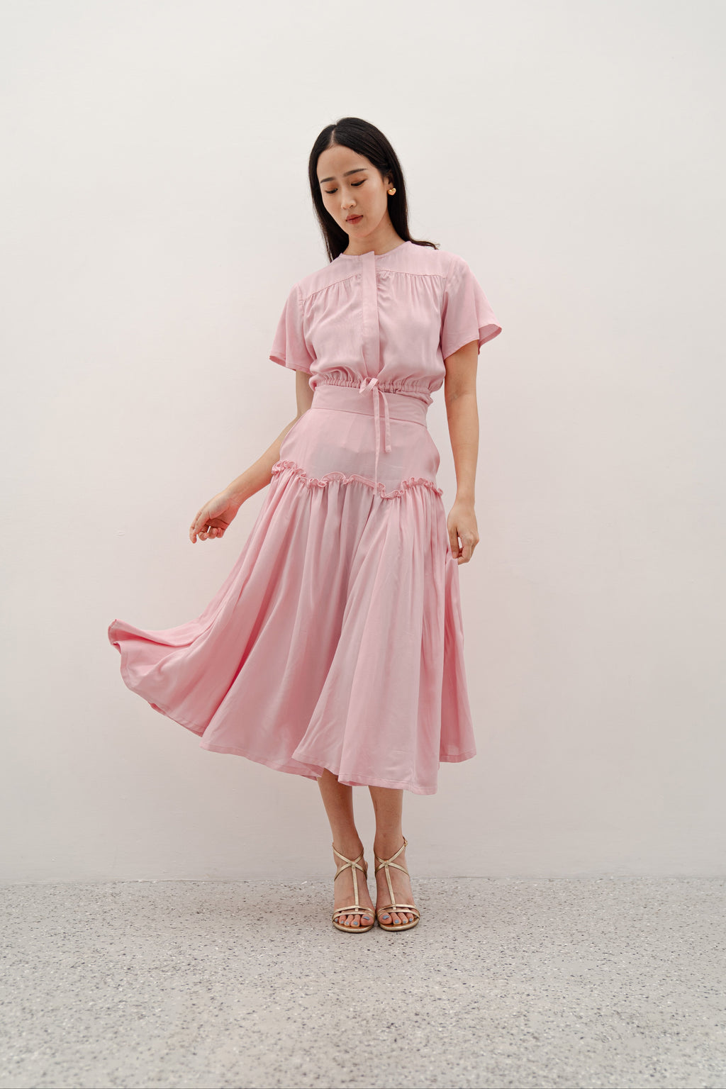 Luola Pink Set – Flowy Two-Piece Top and Midi Skirt in Polyester Cotton Rayon