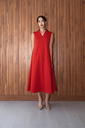 Georgina Red Midi Dress – A-Line Semi-Wool Dress with V-Neck Detail