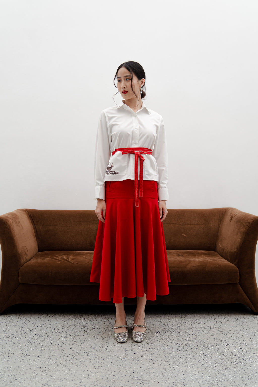 Amy Red Midi Skirt – Cotton Mix Flared Skirt with Box Pockets