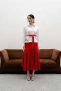 Amy Red Midi Skirt – Cotton Mix Flared Skirt with Box Pockets
