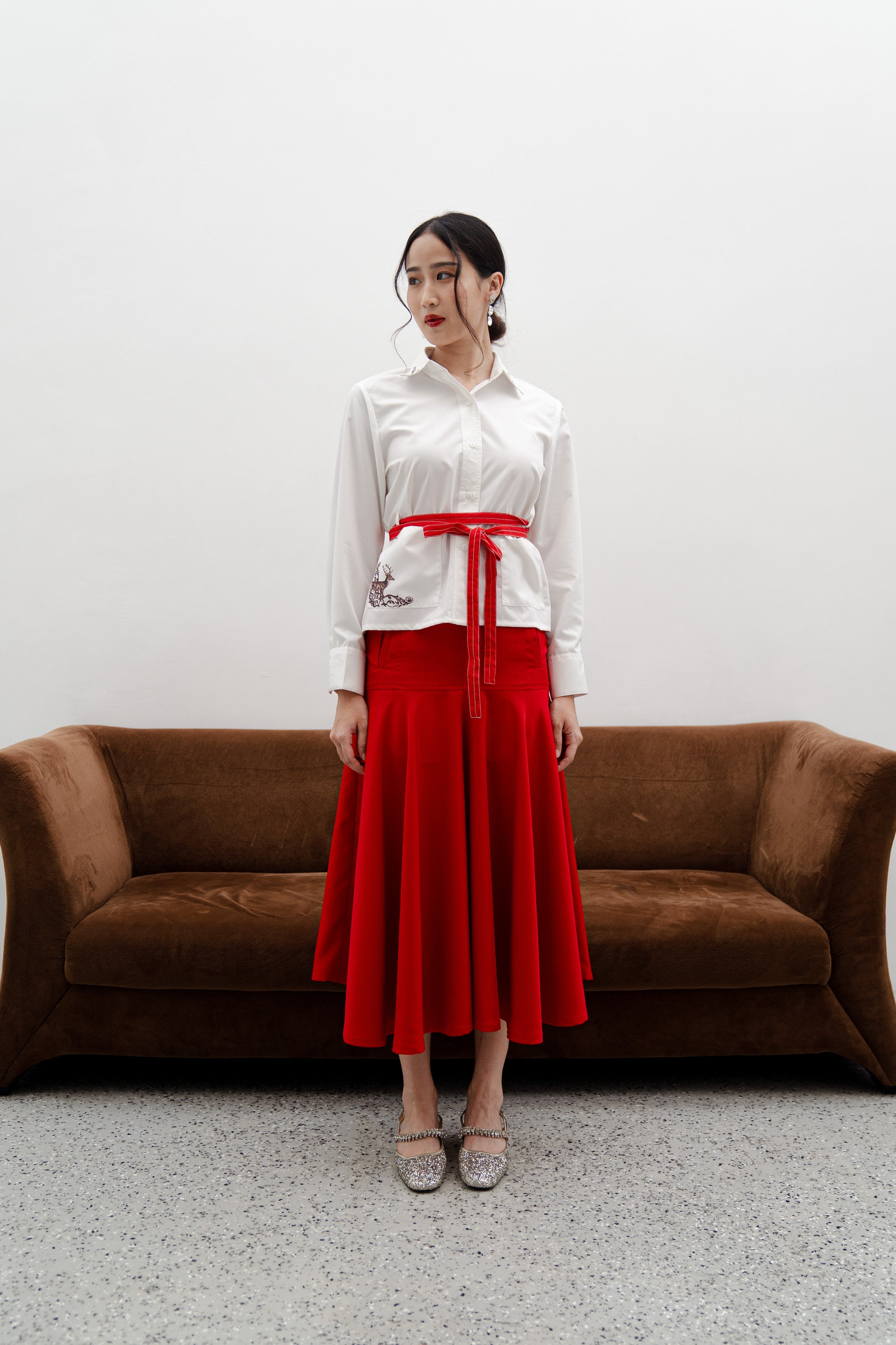 Amy Red Midi Skirt – Cotton Mix Flared Skirt with Box Pockets