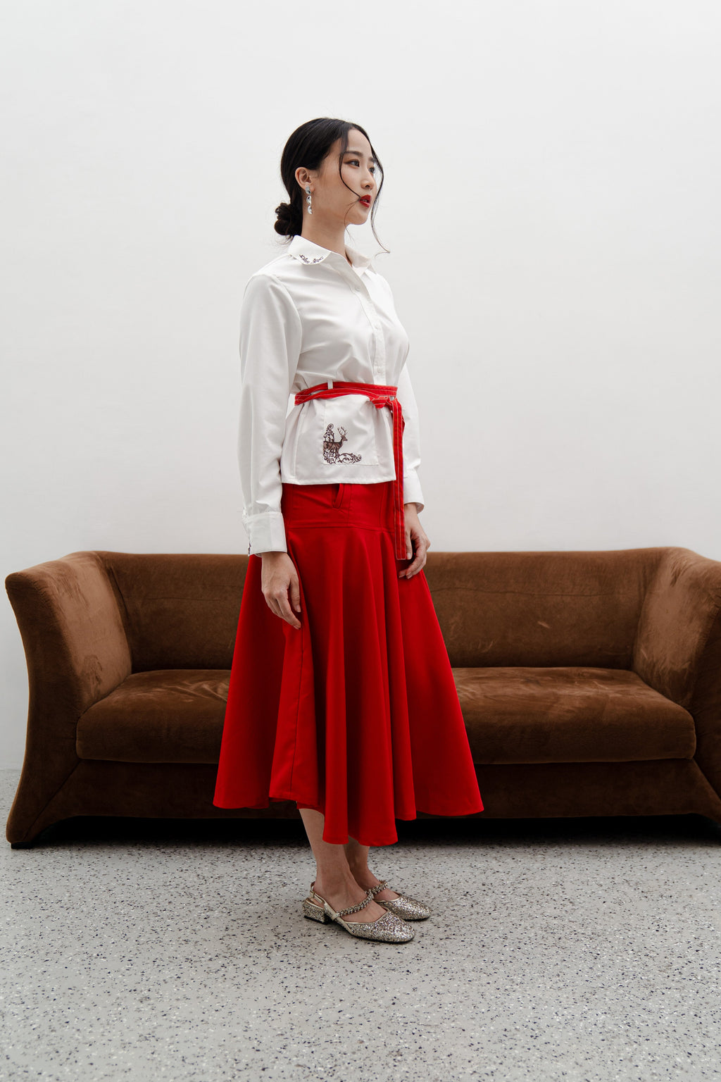 Amy Red Midi Skirt – Cotton Mix Flared Skirt with Box Pockets
