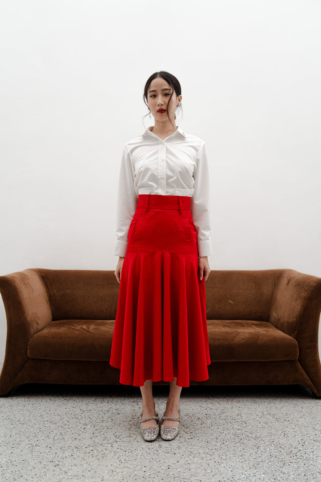 Amy Red Midi Skirt – Cotton Mix Flared Skirt with Box Pockets