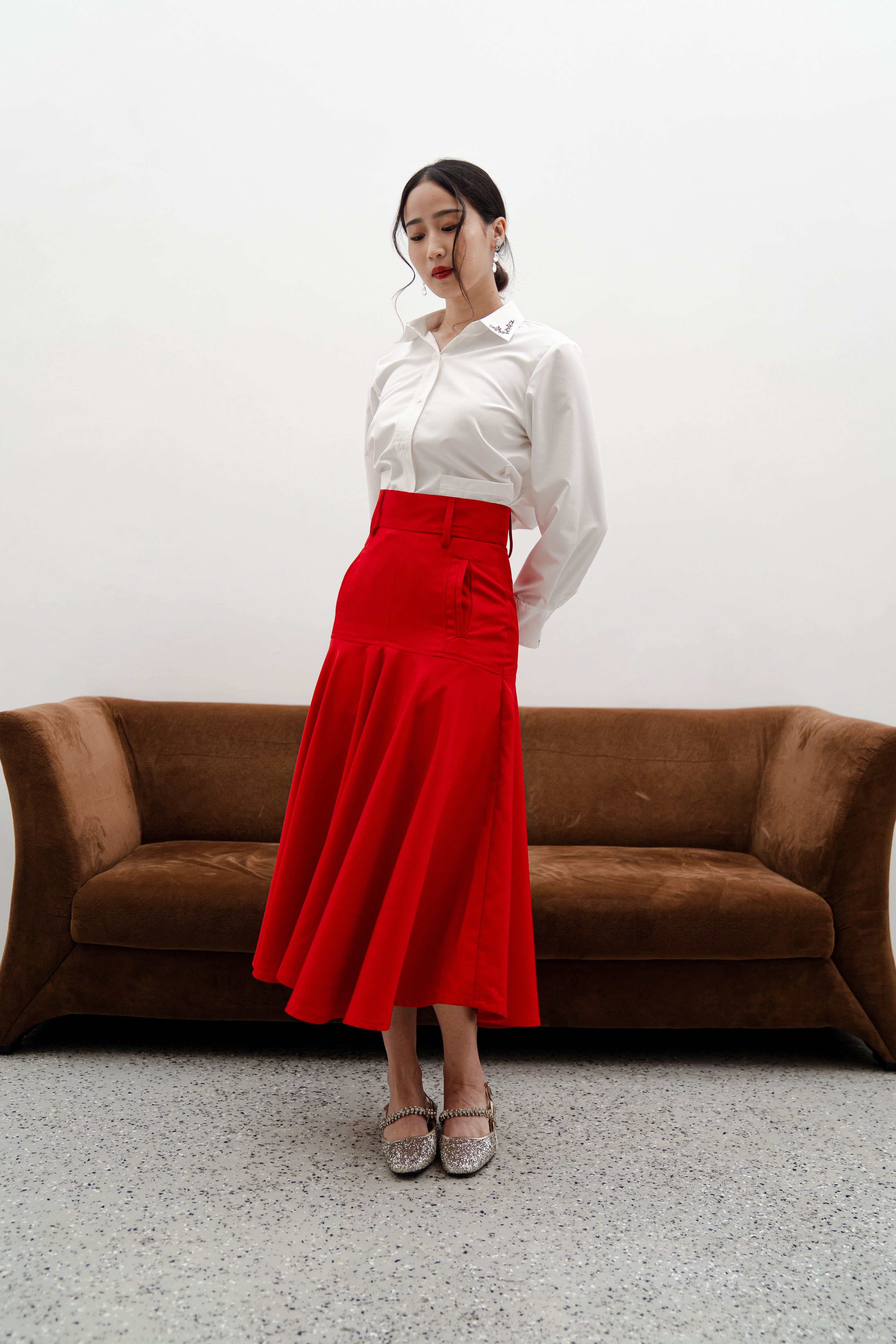 Amy Red Midi Skirt – Cotton Mix Flared Skirt with Box Pockets