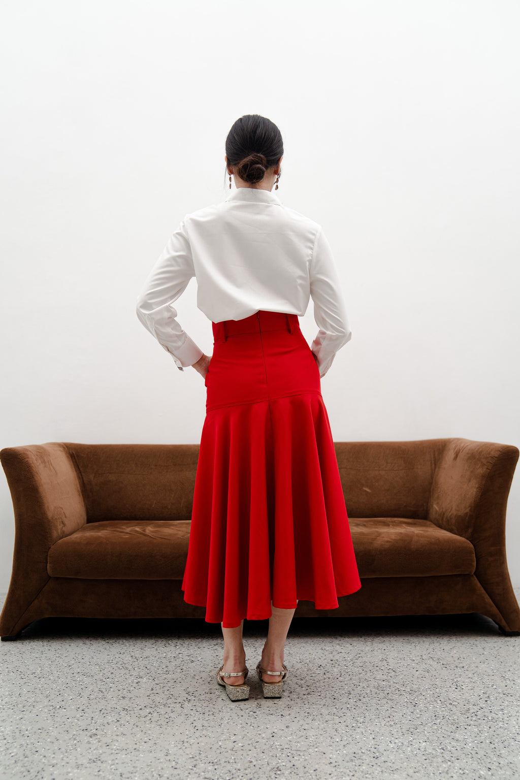 Amy Red Midi Skirt – Cotton Mix Flared Skirt with Box Pockets