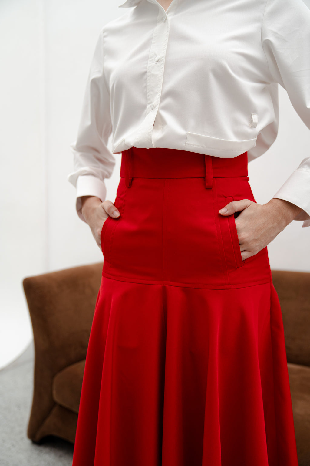 Amy Red Midi Skirt – Cotton Mix Flared Skirt with Box Pockets