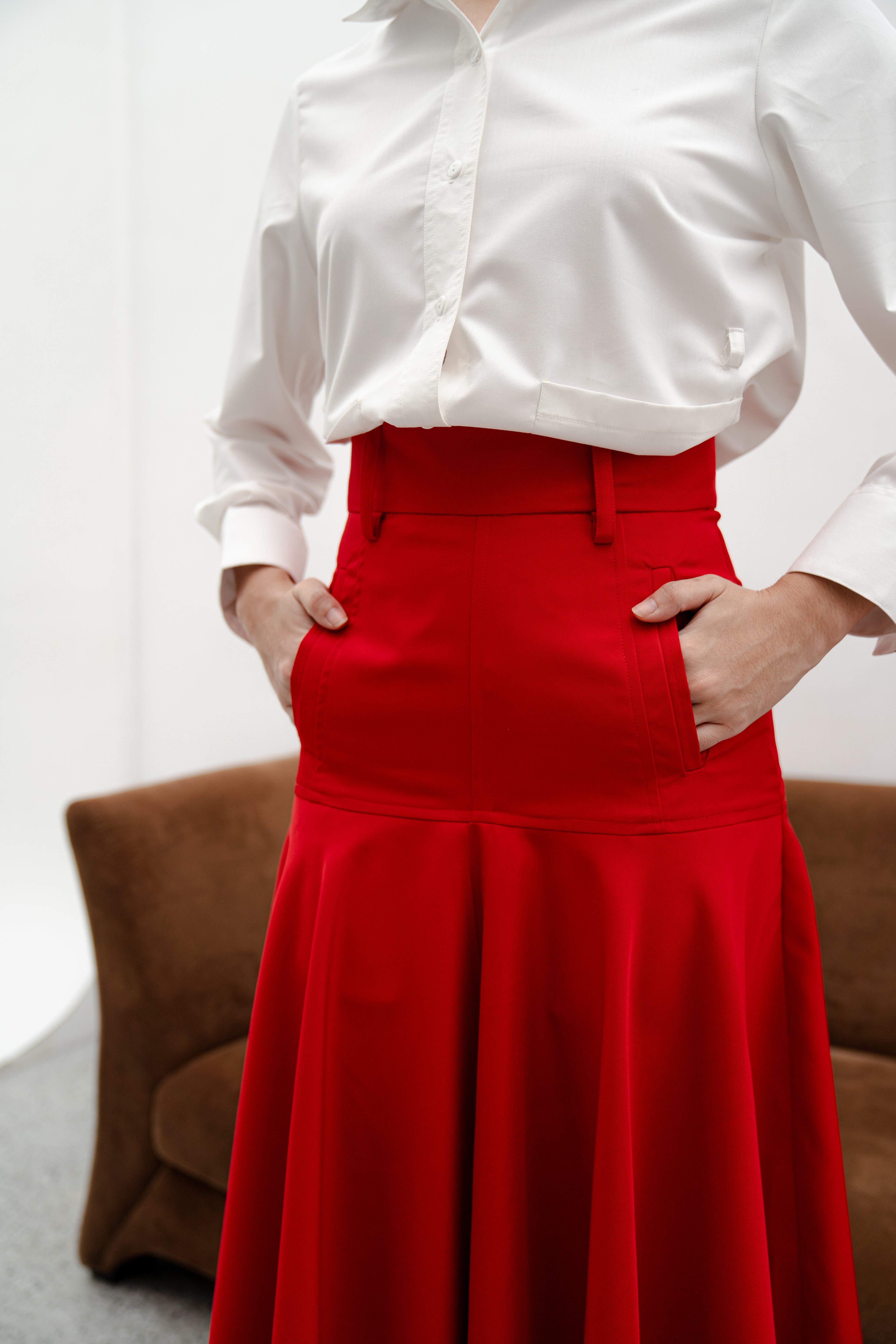Amy Red Midi Skirt – Cotton Mix Flared Skirt with Box Pockets