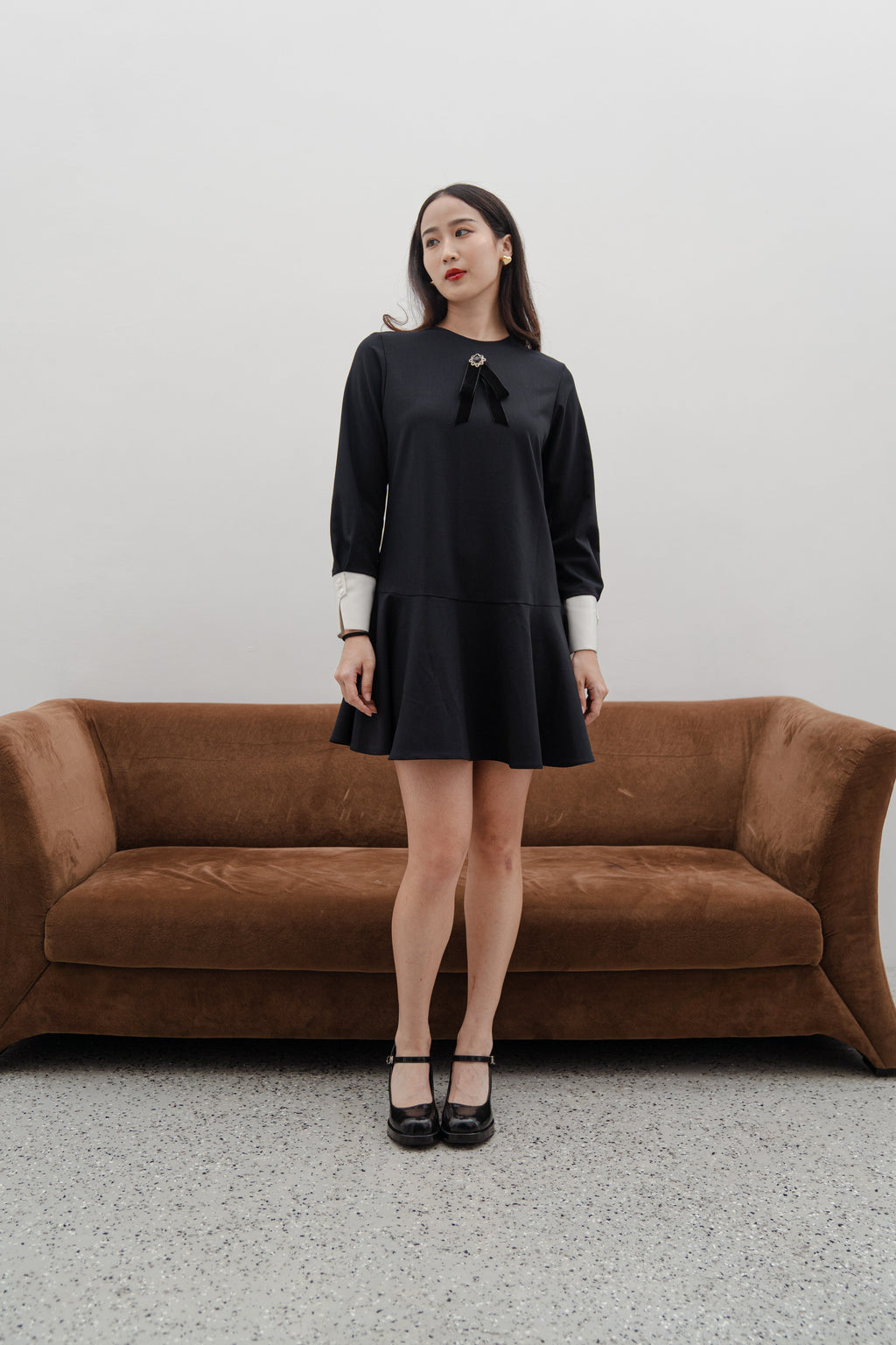 Vivienne Black Mini Dress – Long Sleeve Contrast Cuff Dress with Crystal Bow Detail