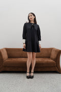 Vivienne Black Mini Dress – Long Sleeve Contrast Cuff Dress with Crystal Bow Detail