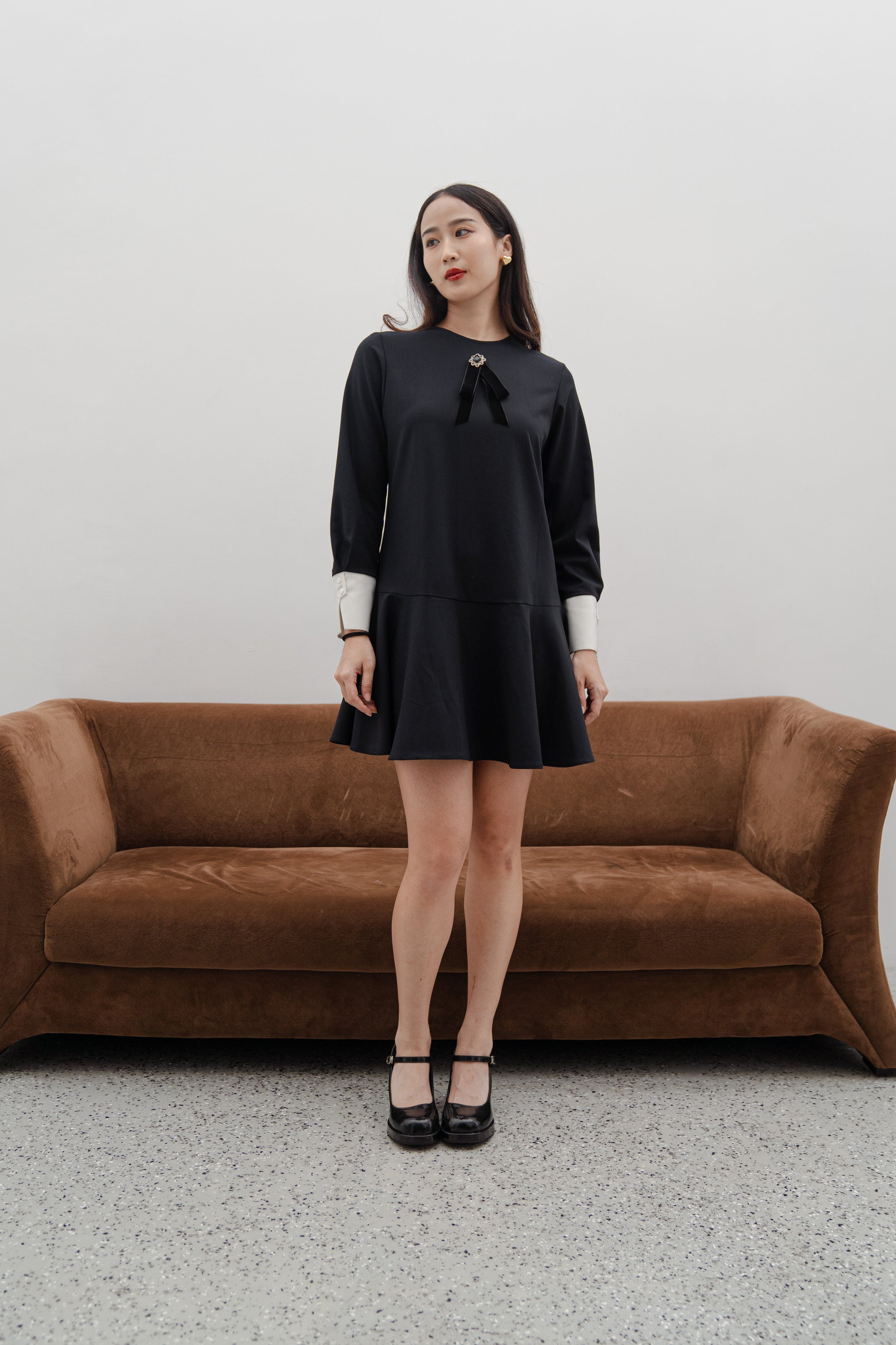 Vivienne Black Mini Dress – Long Sleeve Contrast Cuff Dress with Crystal Bow Detail