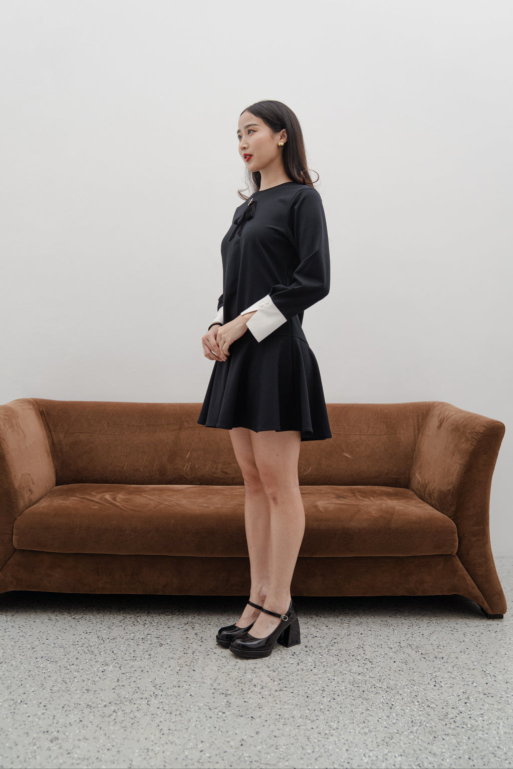 Vivienne Black Mini Dress – Long Sleeve Contrast Cuff Dress with Crystal Bow Detail