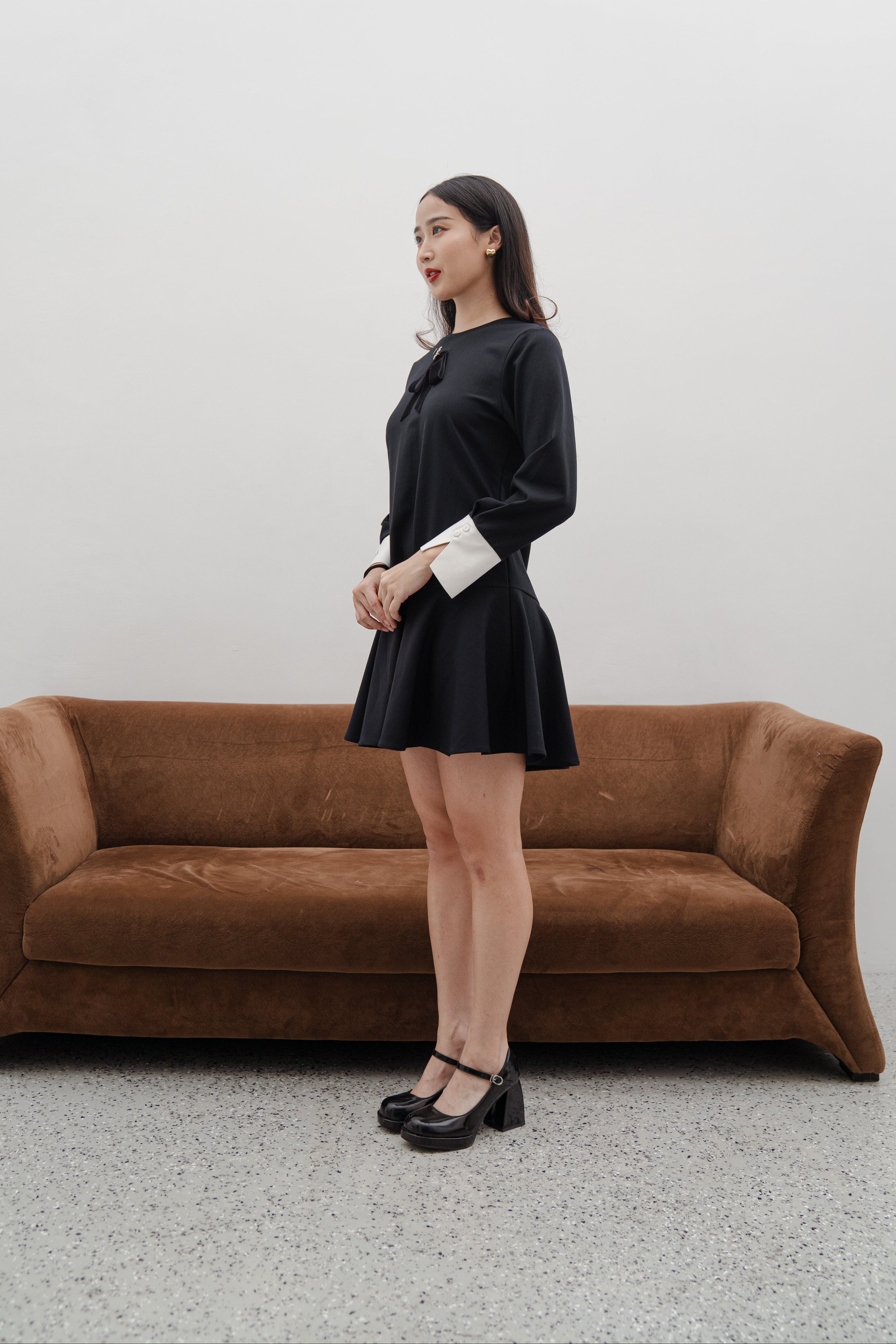 Vivienne Black Mini Dress – Long Sleeve Contrast Cuff Dress with Crystal Bow Detail