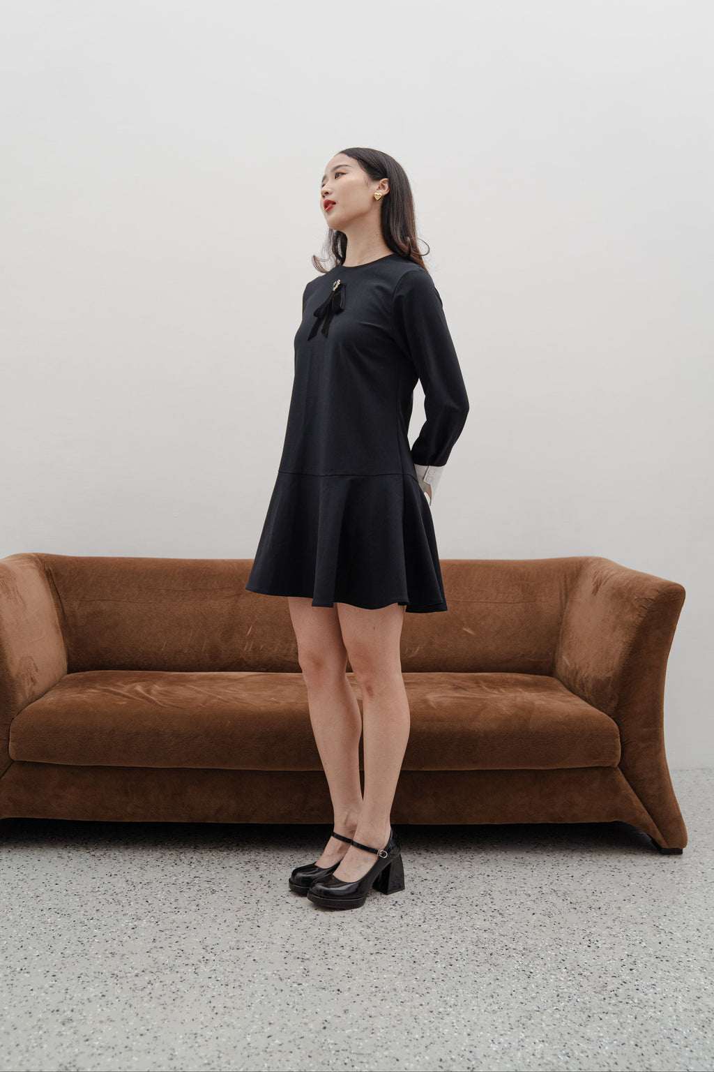 Vivienne Black Mini Dress – Long Sleeve Contrast Cuff Dress with Crystal Bow Detail