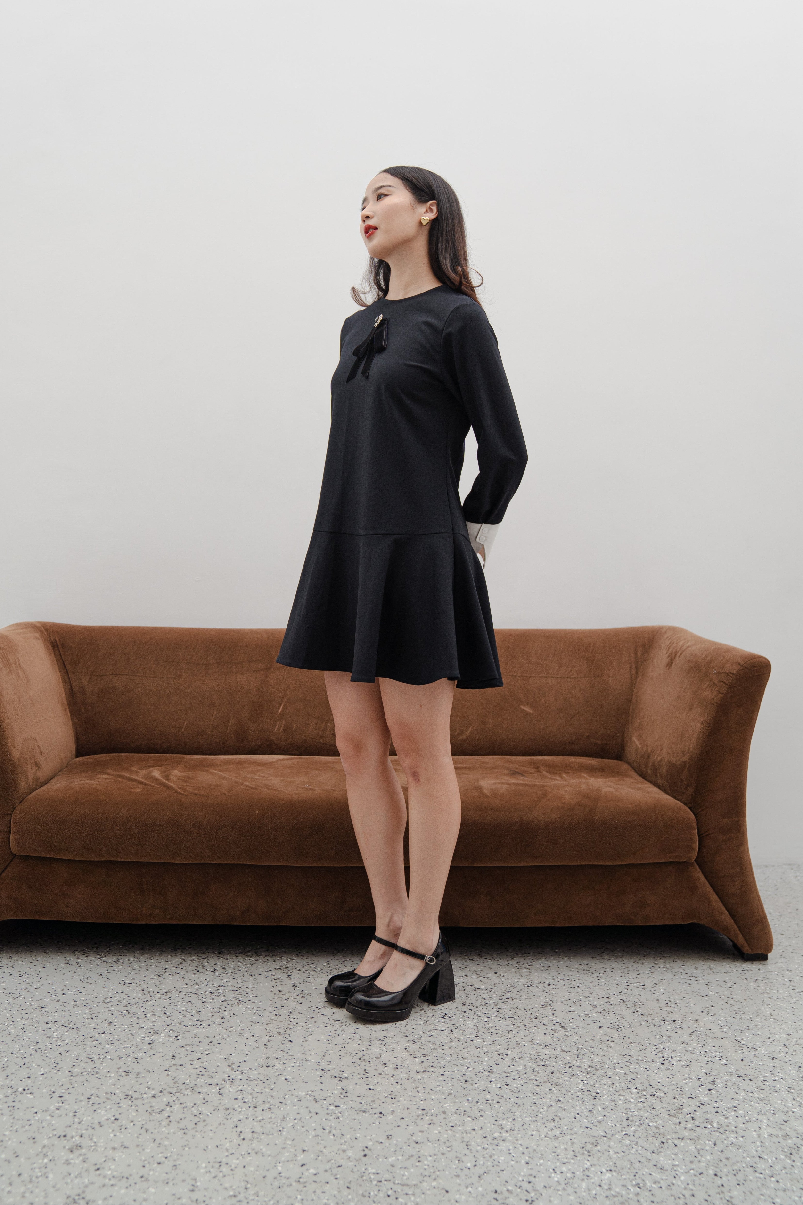 Vivienne Black Mini Dress – Long Sleeve Contrast Cuff Dress with Crystal Bow Detail
