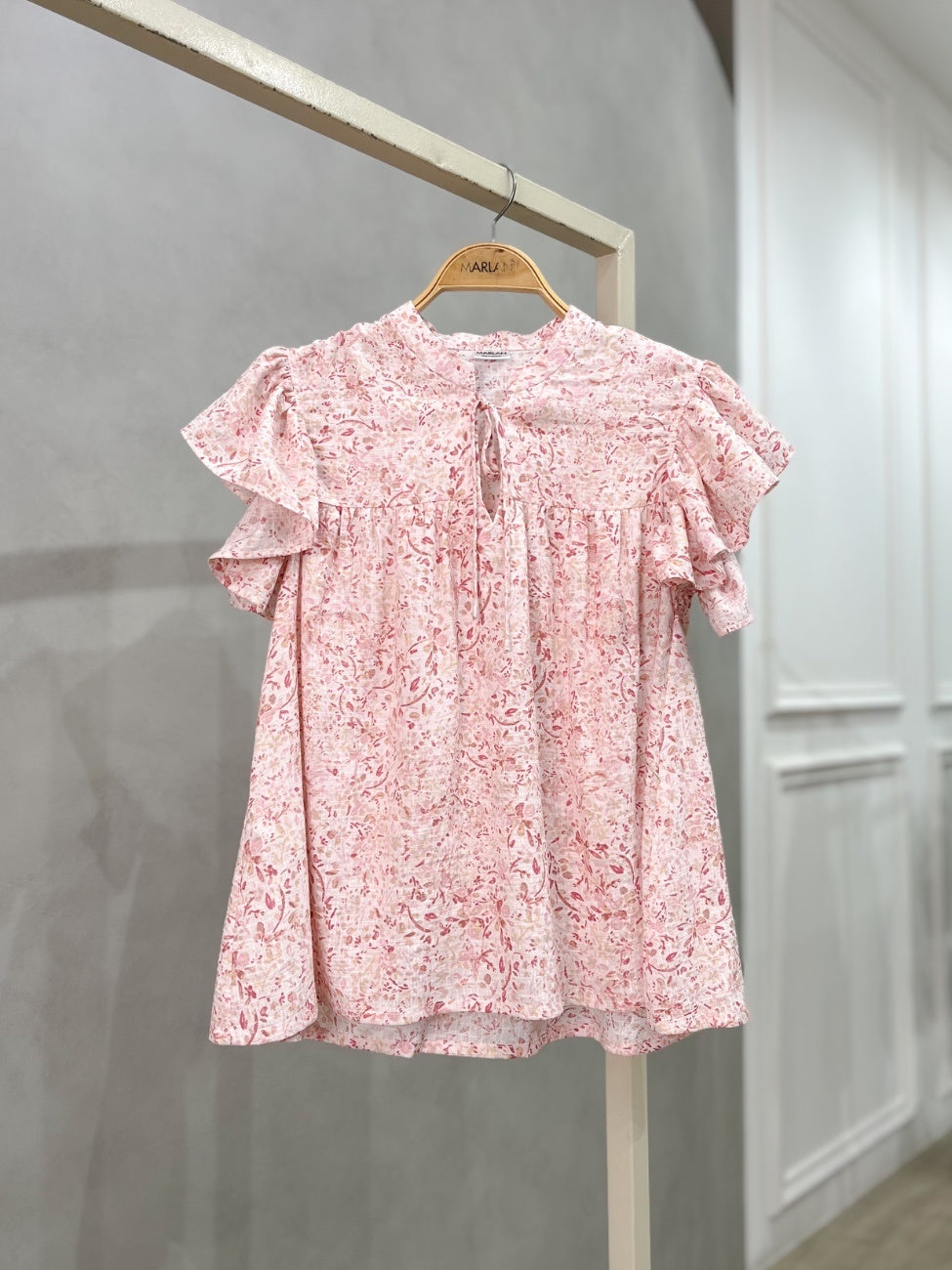 Cherry Blossom Ruffle Sleeve Blouse – Pink Floral Linen Blouse