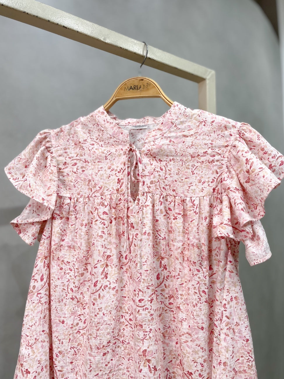 Cherry Blossom Ruffle Sleeve Blouse – Pink Floral Linen Blouse