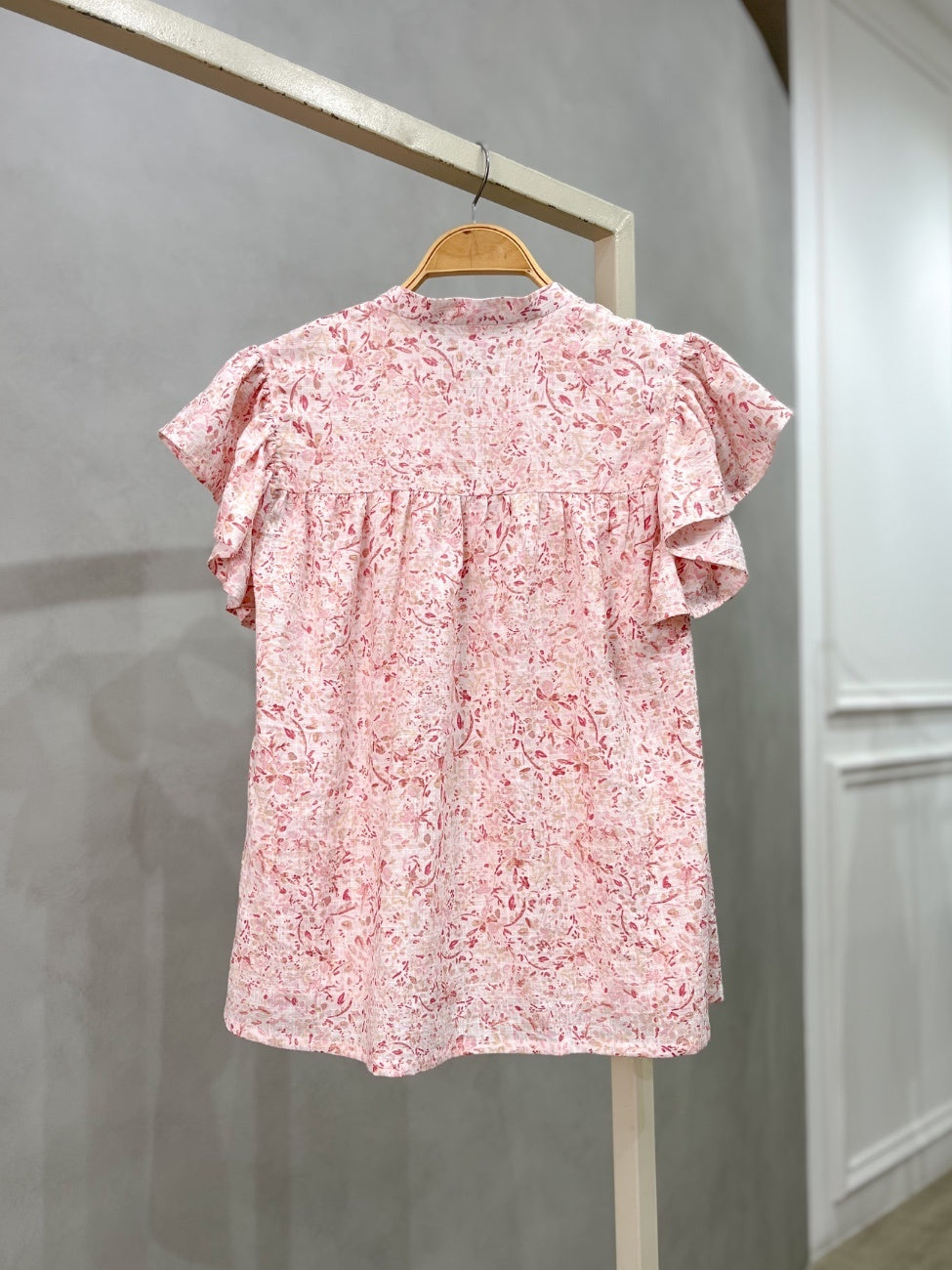 Cherry Blossom Ruffle Sleeve Blouse – Pink Floral Linen Blouse