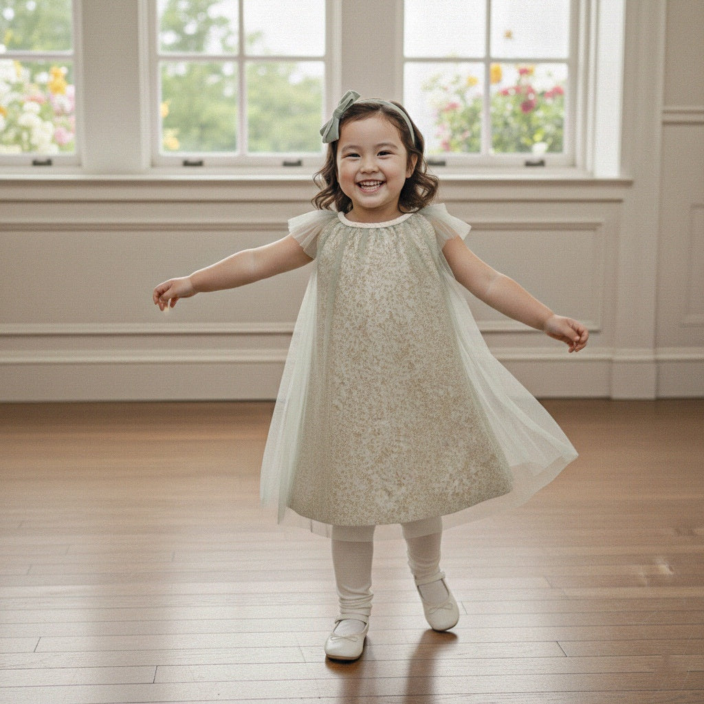 Eden Tulle Girl Dress – Sage Leaf Motif Tulle & Linen Dress
