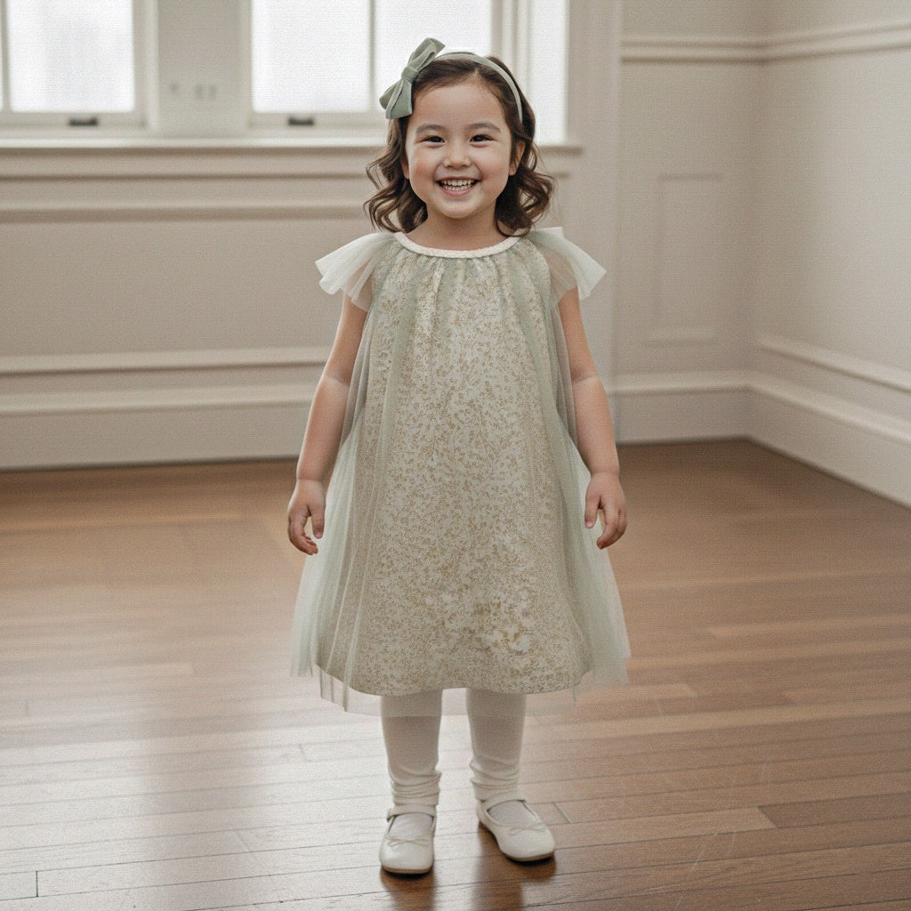Eden Tulle Girl Dress – Sage Leaf Motif Tulle & Linen Dress