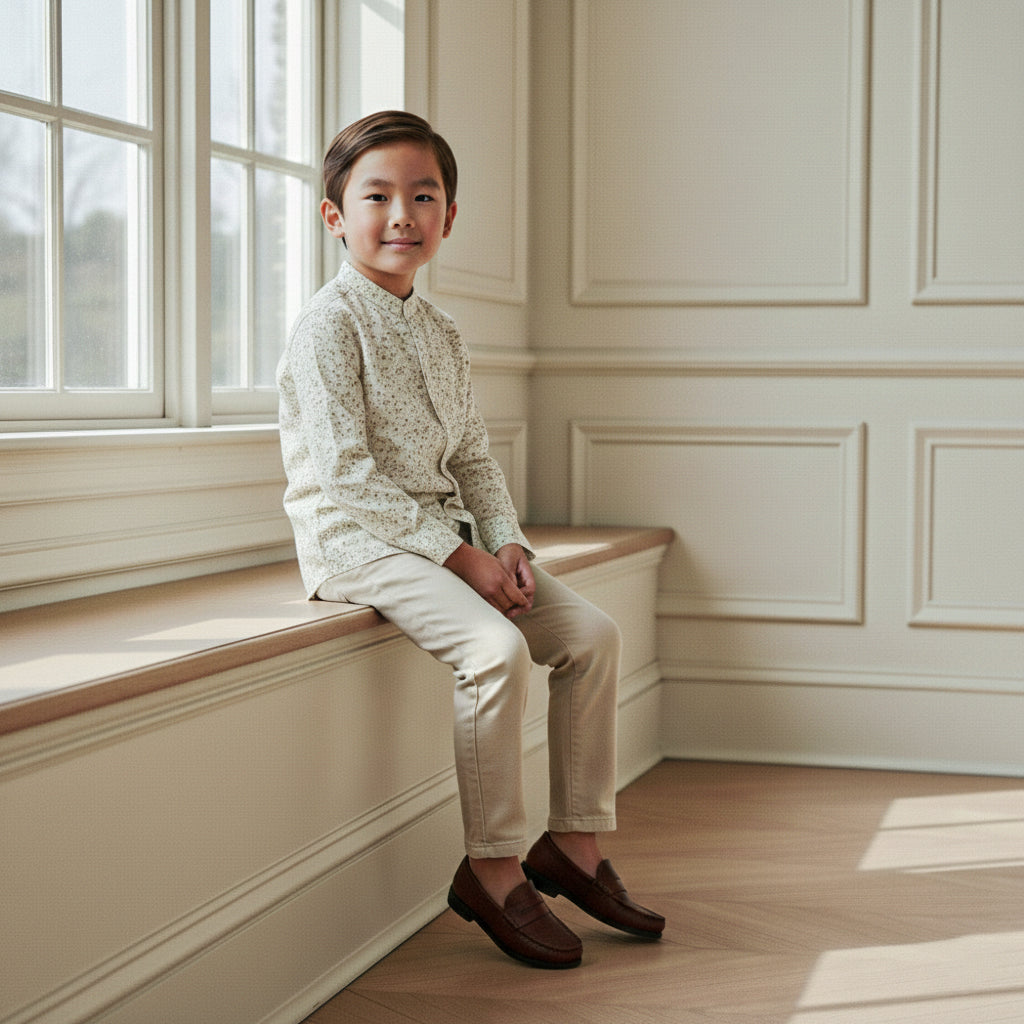 Eden Long Sleeve Boy Shirt – Leaf Motif Linen Slub Shirt
