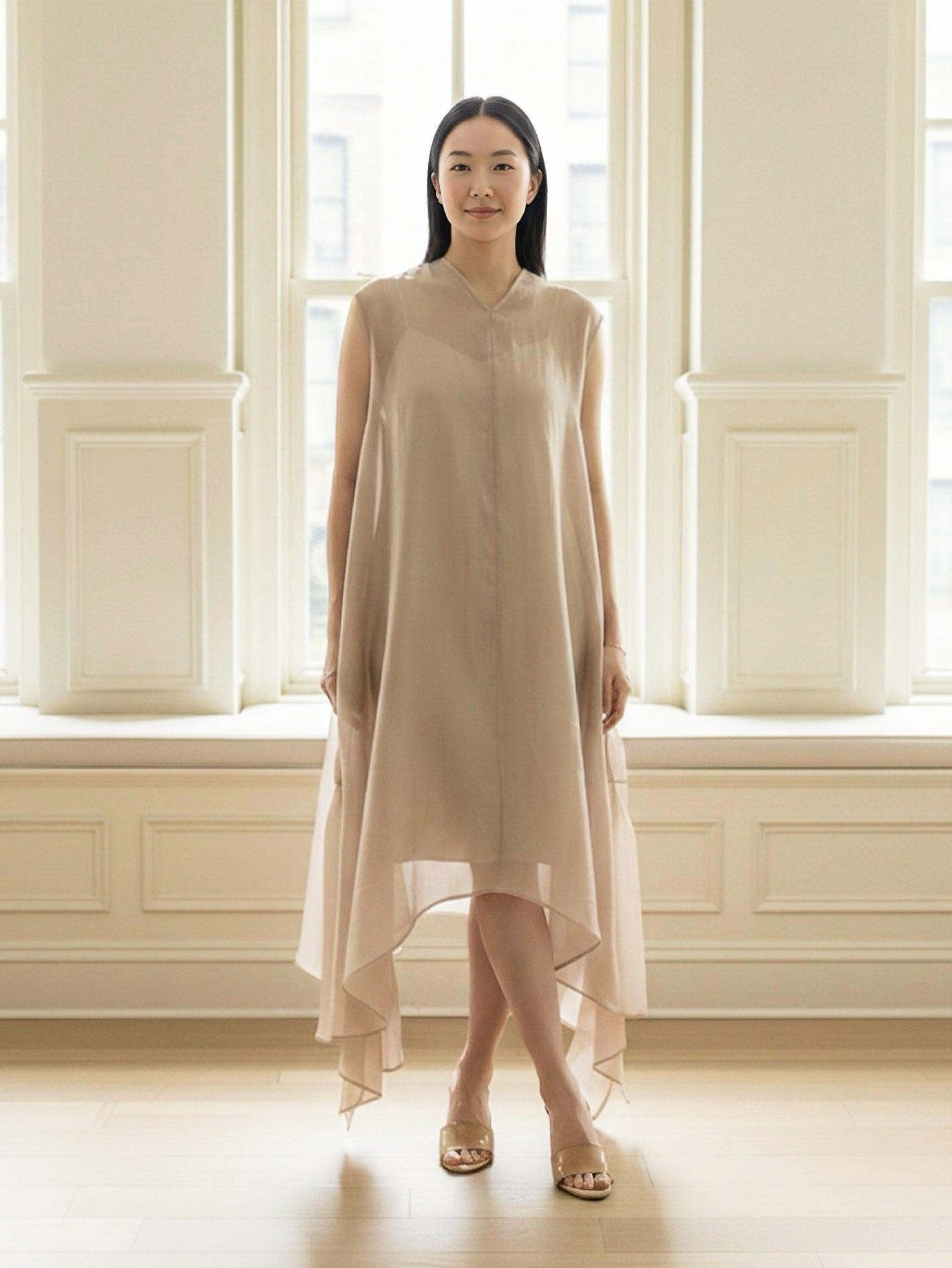 Hana Woman Tunic Dress – Layered Asymmetrical Nude Dress