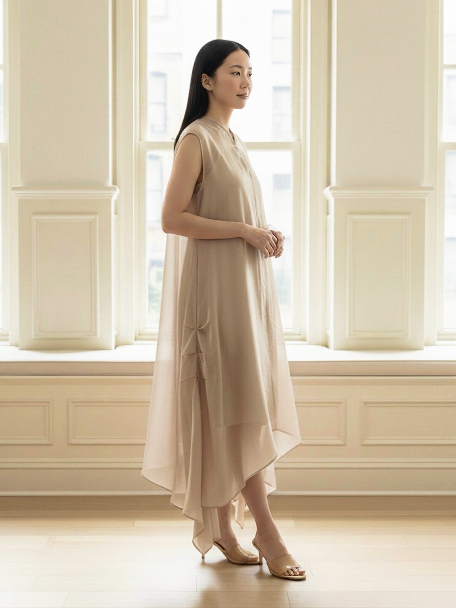 Hana Woman Tunic Dress – Layered Asymmetrical Nude Dress