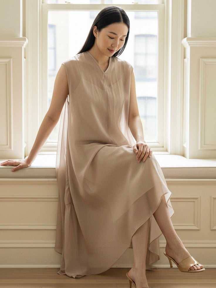 Hana Woman Tunic Dress – Layered Asymmetrical Nude Dress
