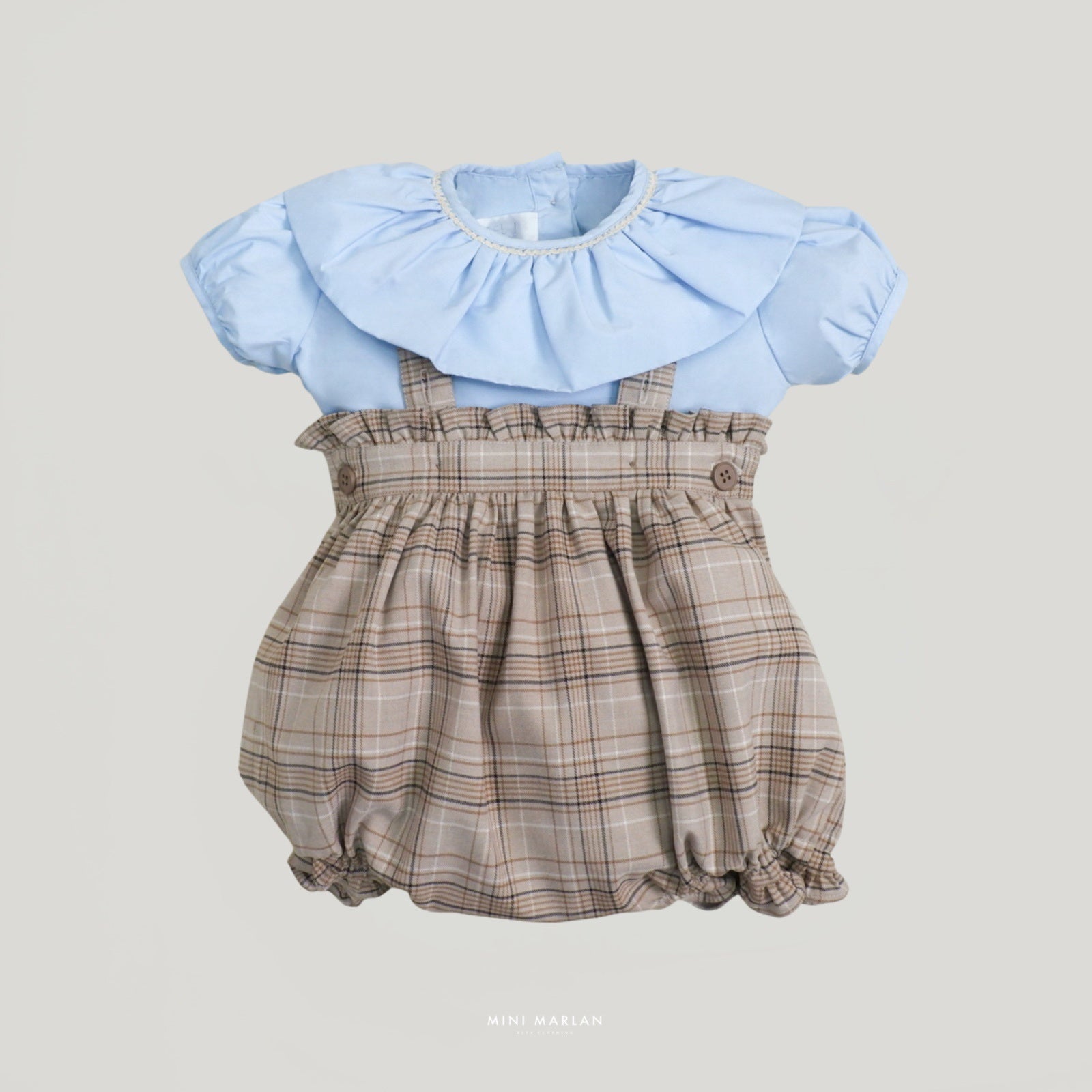 Edgar Girl Set – Ruffle Blouse and Tartan Bloomers Overall