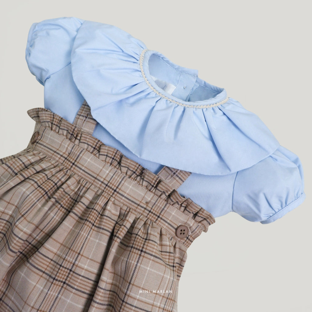 Edgar Girl Set – Ruffle Blouse and Tartan Bloomers Overall
